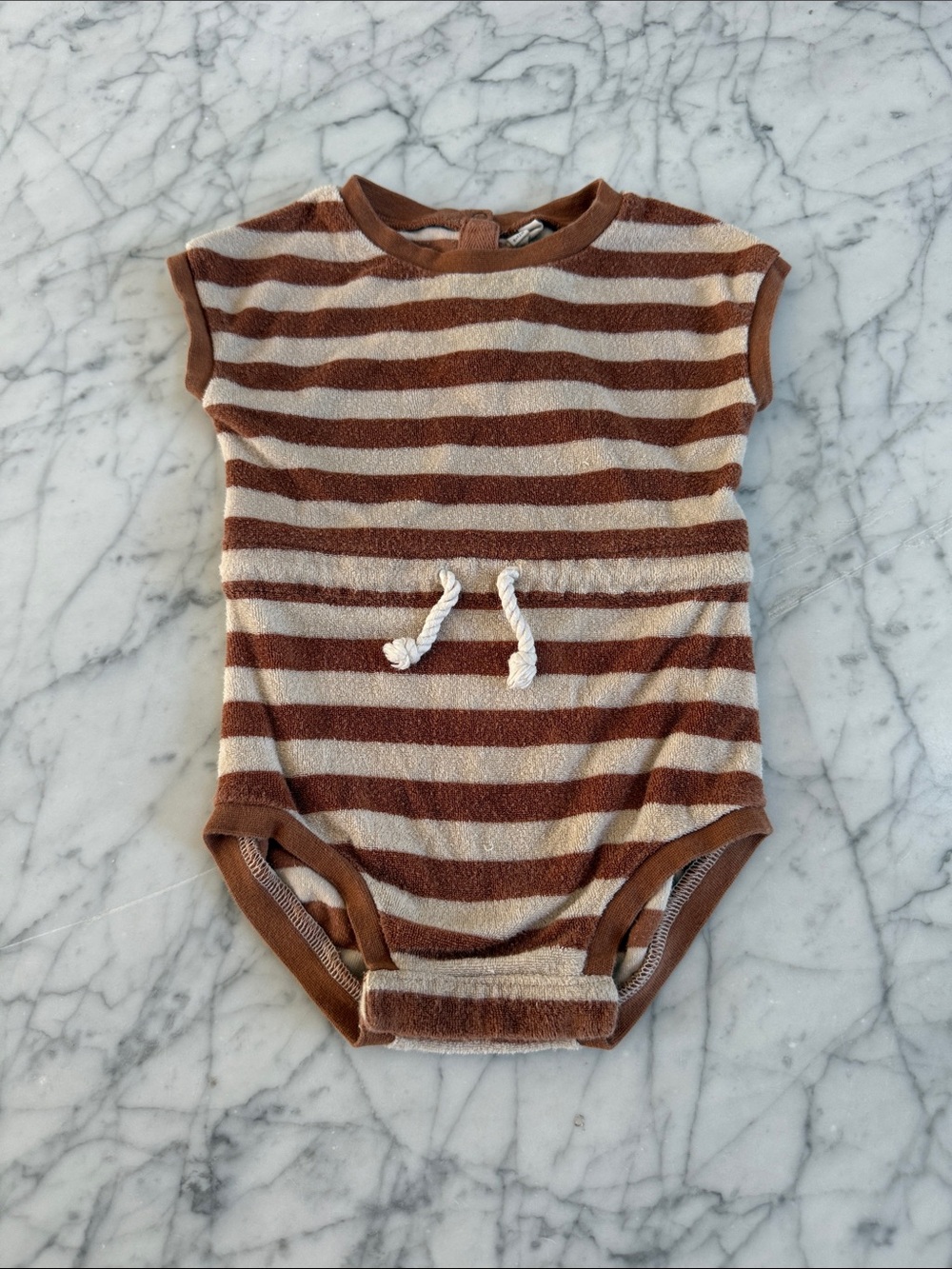 Quincy Mae Sz 6-12 Mo One-Piece Striped Terry Romper Rylee Cru Brown and Cream
